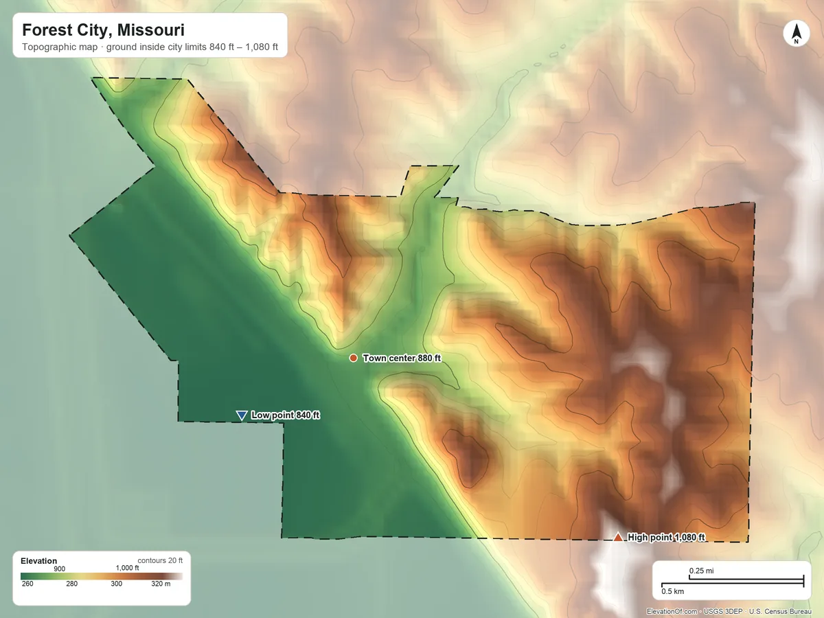 Topographic elevation map of Forest City, Missouri, shaded from 840 ft on the southwest side to 1,080 ft on the southeast side