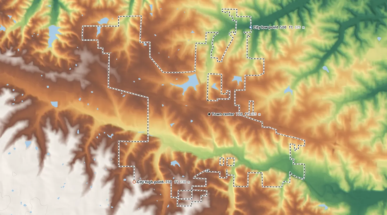 Topographic elevation map of Foristell, Missouri, shaded from 580 ft on the northeast side to 750 ft on the southwest side