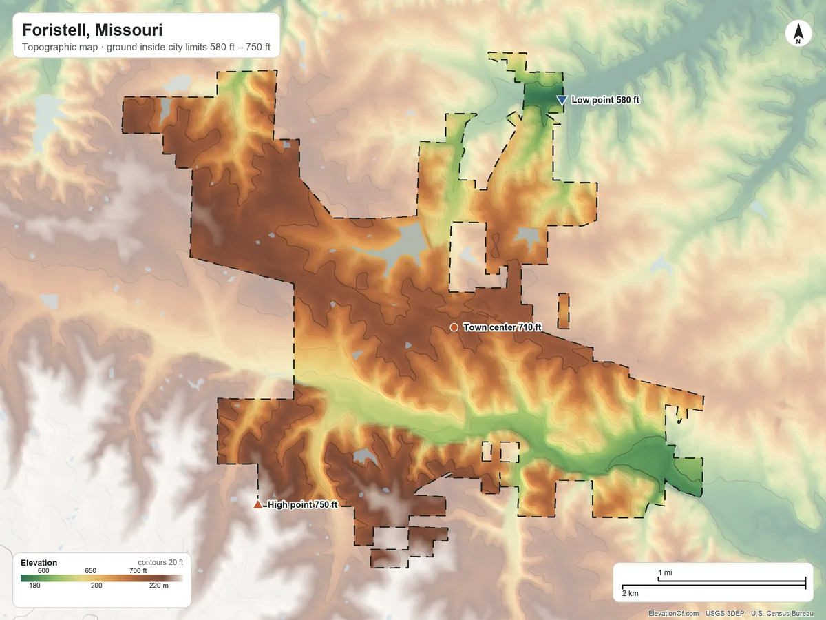 Topographic elevation map of Foristell, Missouri, shaded from 580 ft on the northeast side to 750 ft on the southwest side