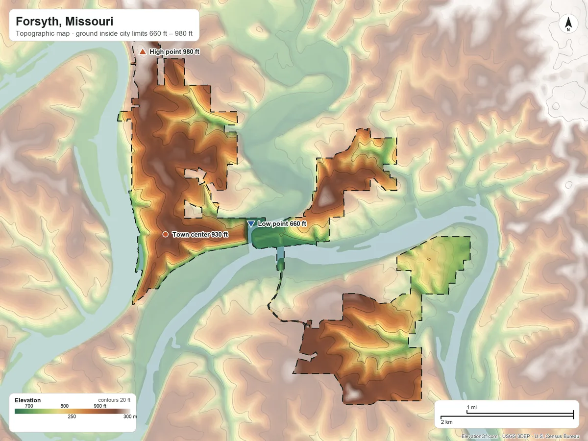 Topographic elevation map of Forsyth, Missouri, shaded from 660 ft on the east side to 980 ft on the north side