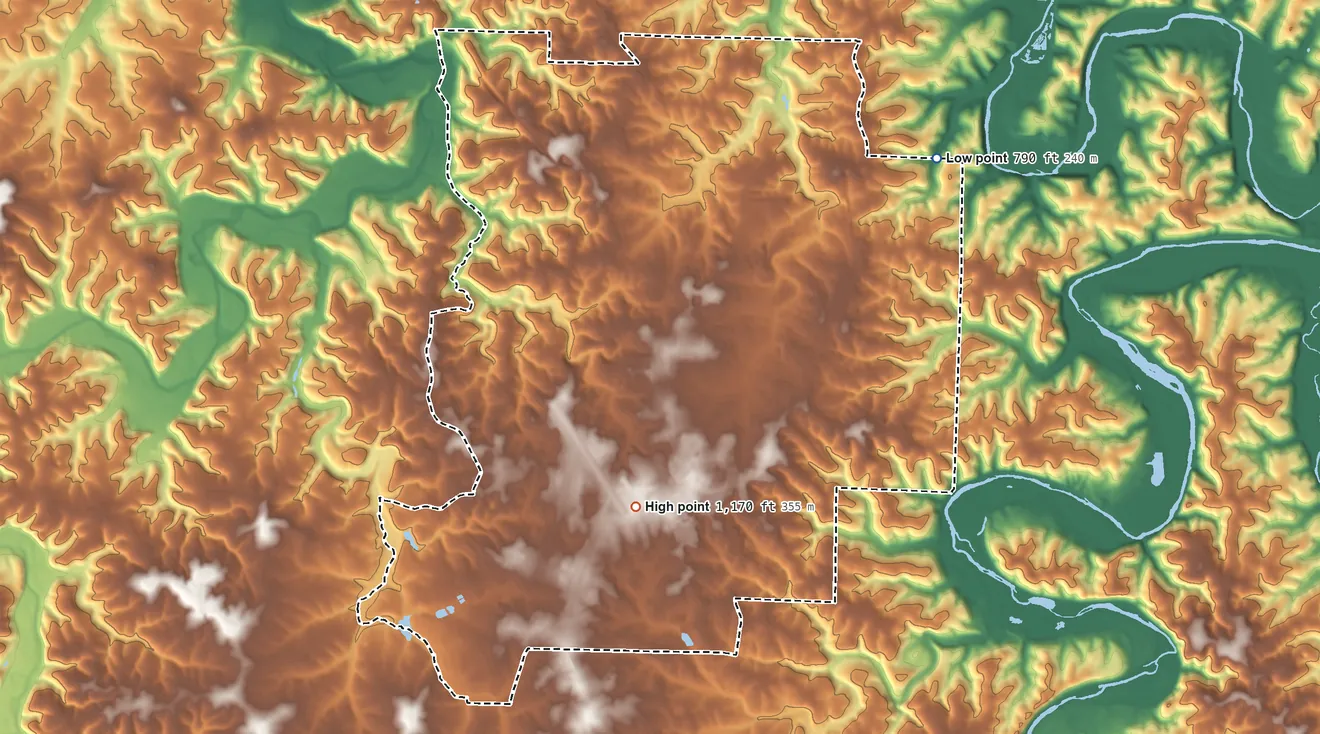 Topographic elevation map of Fort Leonard Wood, Missouri, shaded from 790 ft on the northeast side to 1,170 ft on the south side