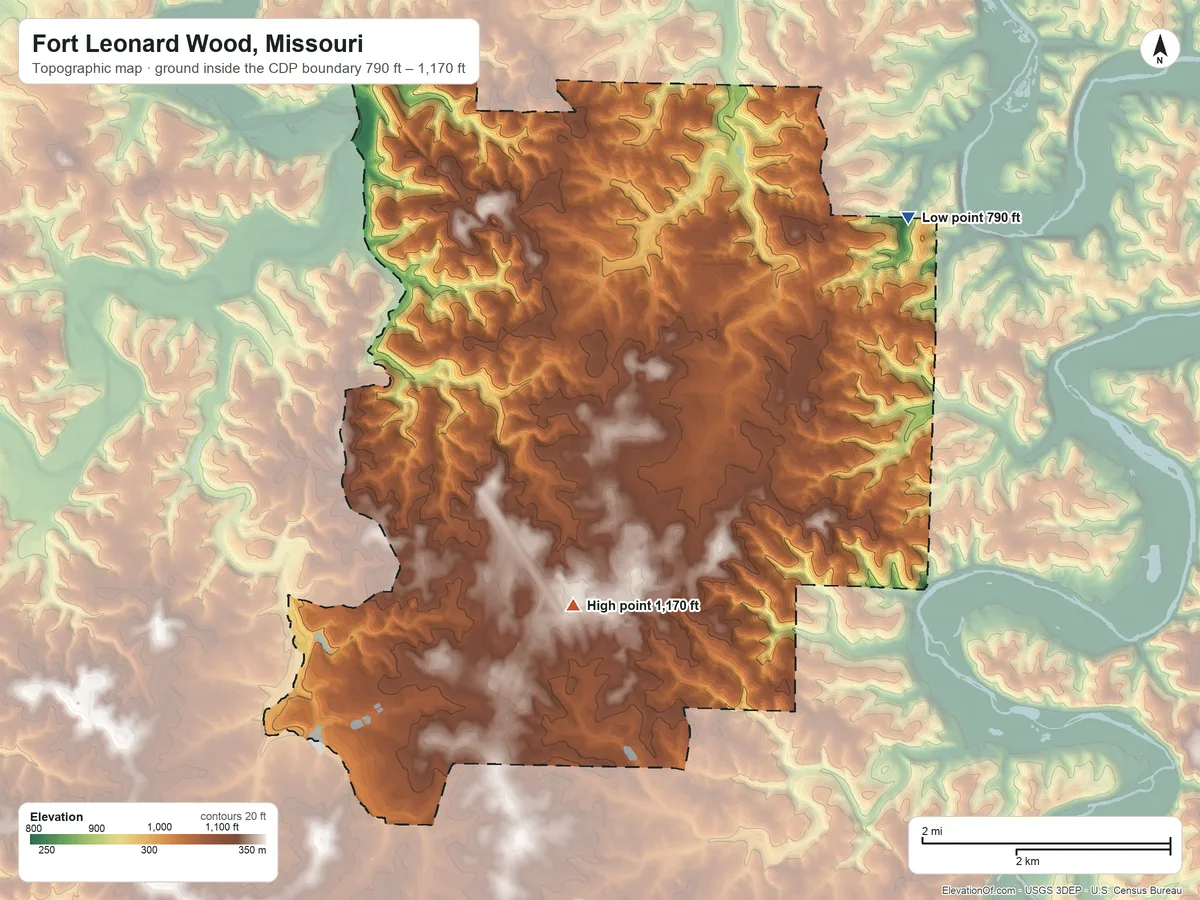 Topographic elevation map of Fort Leonard Wood, Missouri, shaded from 790 ft on the northeast side to 1,170 ft on the south side