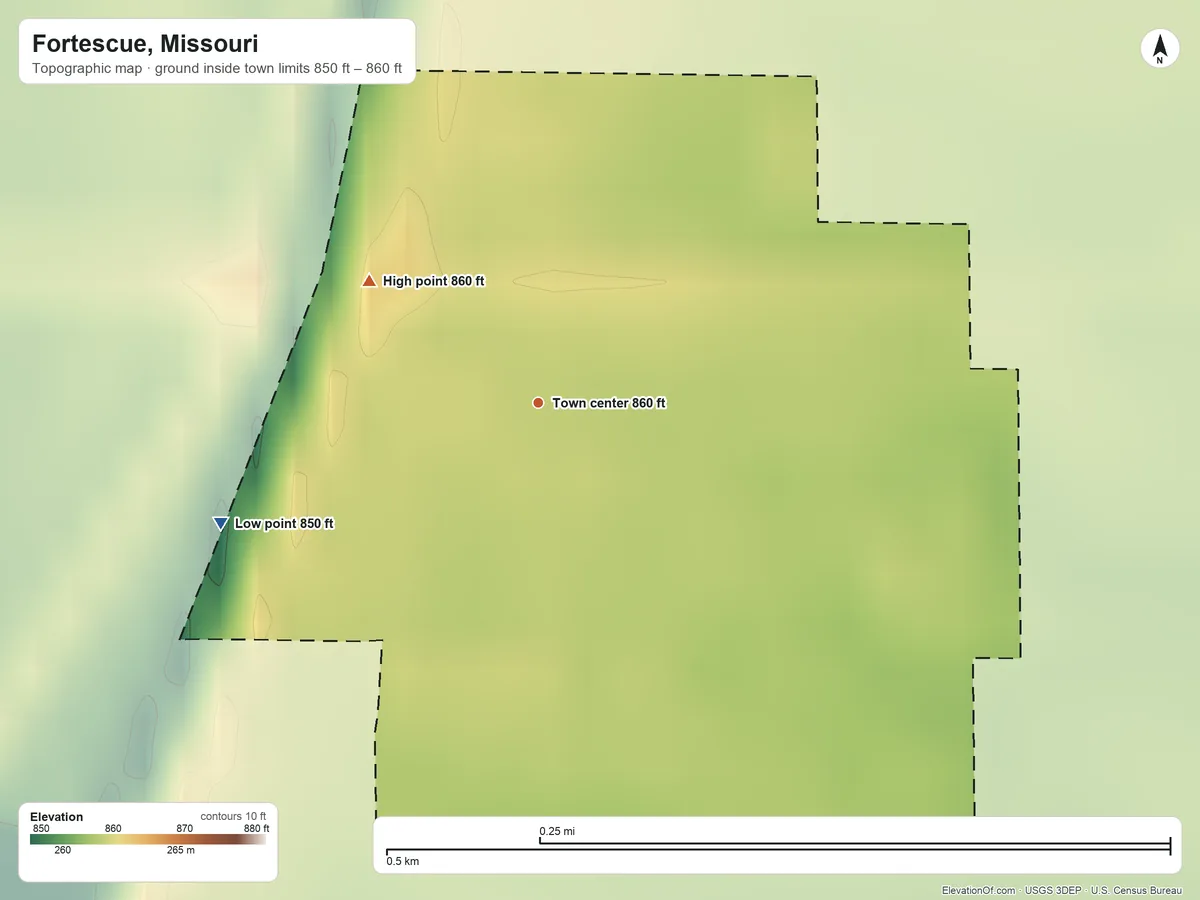 Topographic elevation map of Fortescue, Missouri, shaded from 850 ft on the west side to 860 ft on the northwest side