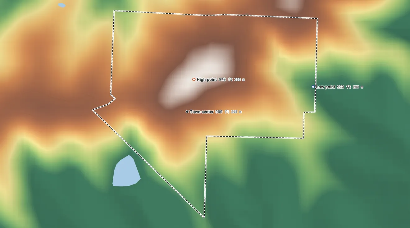 Topographic elevation map of Fortuna, Missouri, shaded from 920 ft on the east side to 970 ft on the north side