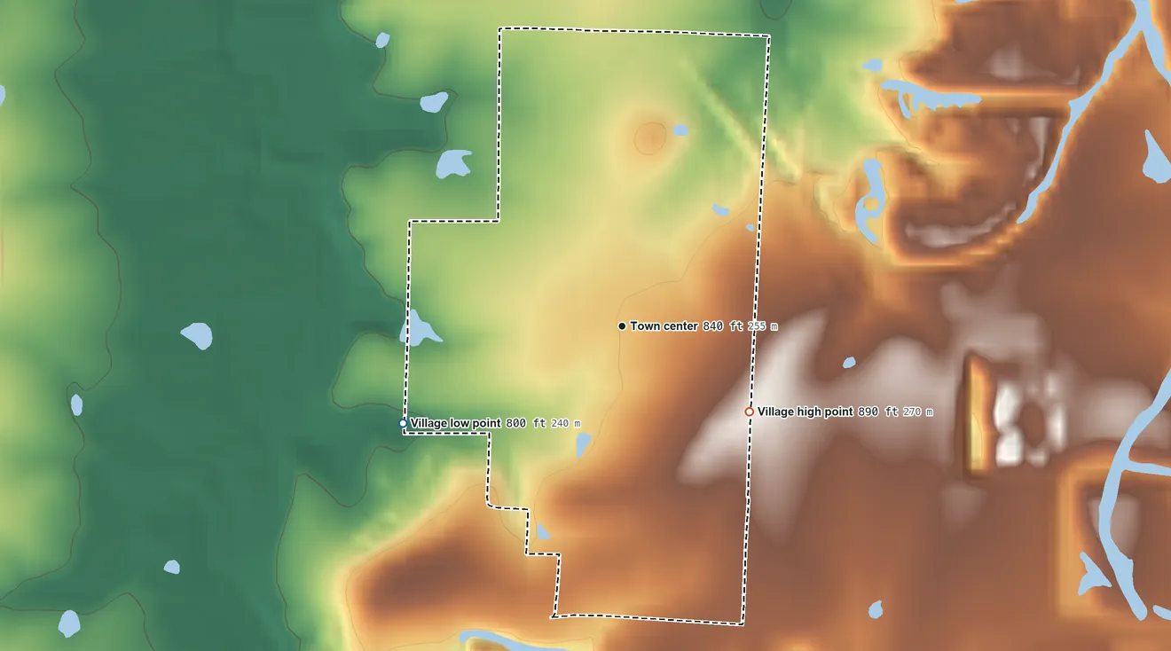 Topographic elevation map of Foster, Missouri, shaded from 800 ft on the southwest side to 890 ft on the southeast side