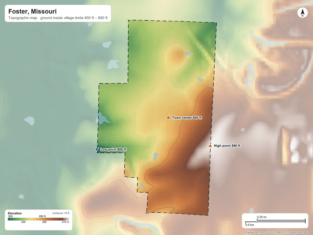 Topographic elevation map of Foster, Missouri, shaded from 800 ft on the southwest side to 890 ft on the southeast side