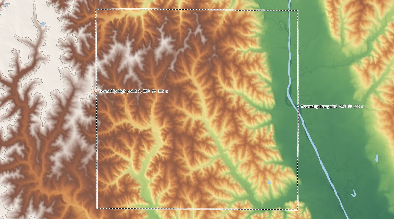 Topographic elevation map of Fox Creek Township, Missouri, shaded from 770 ft on the east side to 1,000 ft on the west side