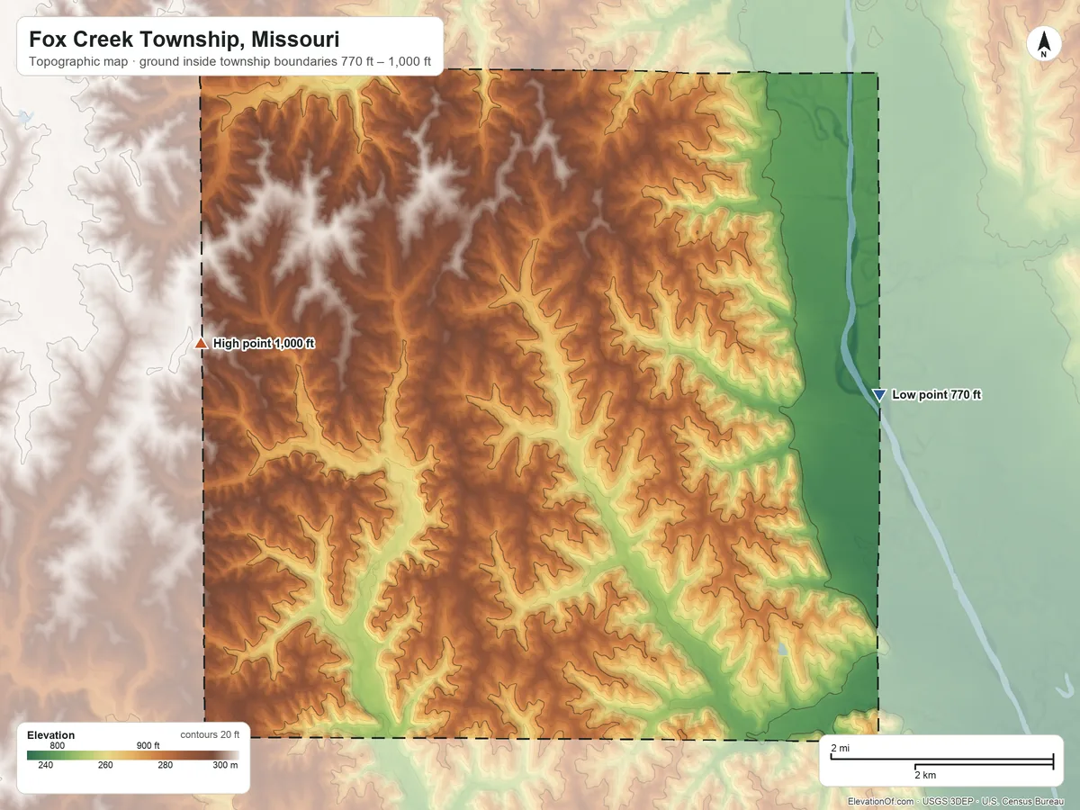 Topographic elevation map of Fox Creek Township, Missouri, shaded from 770 ft on the east side to 1,000 ft on the west side