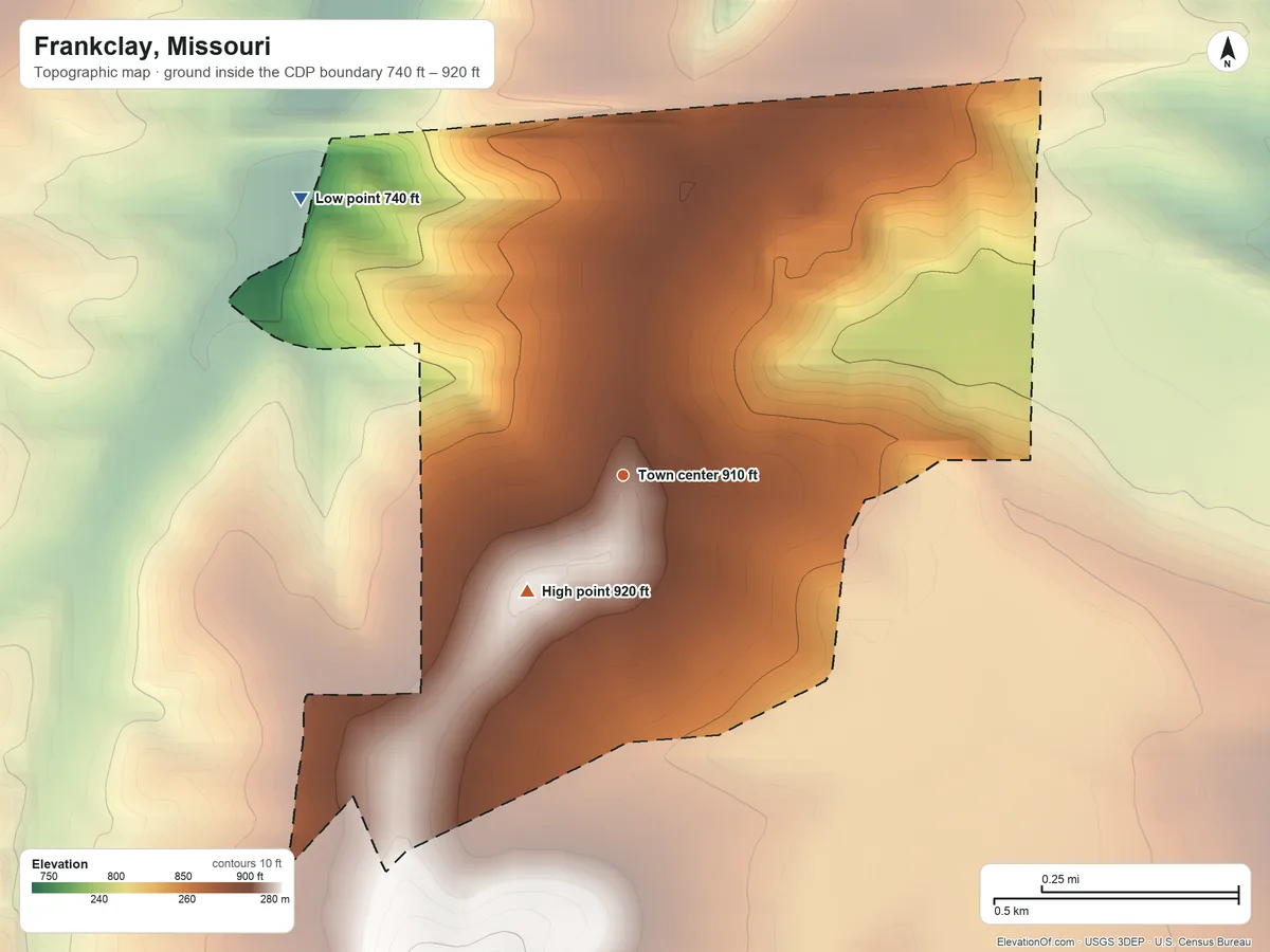 Topographic elevation map of Frankclay, Missouri, shaded from 740 ft on the northwest side to 920 ft on the southwest side