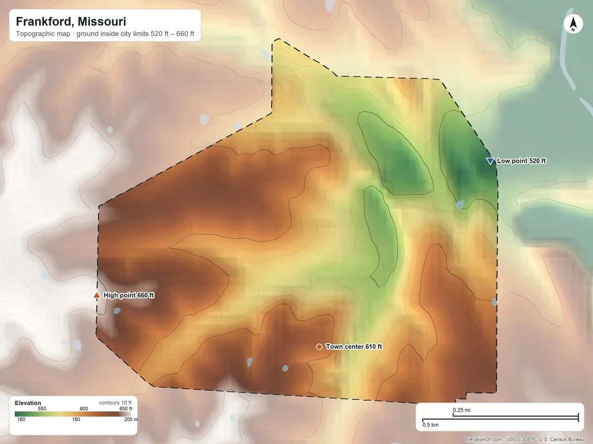 Topographic elevation map of Frankford, Missouri, shaded from 520 ft on the northeast side to 660 ft on the west side