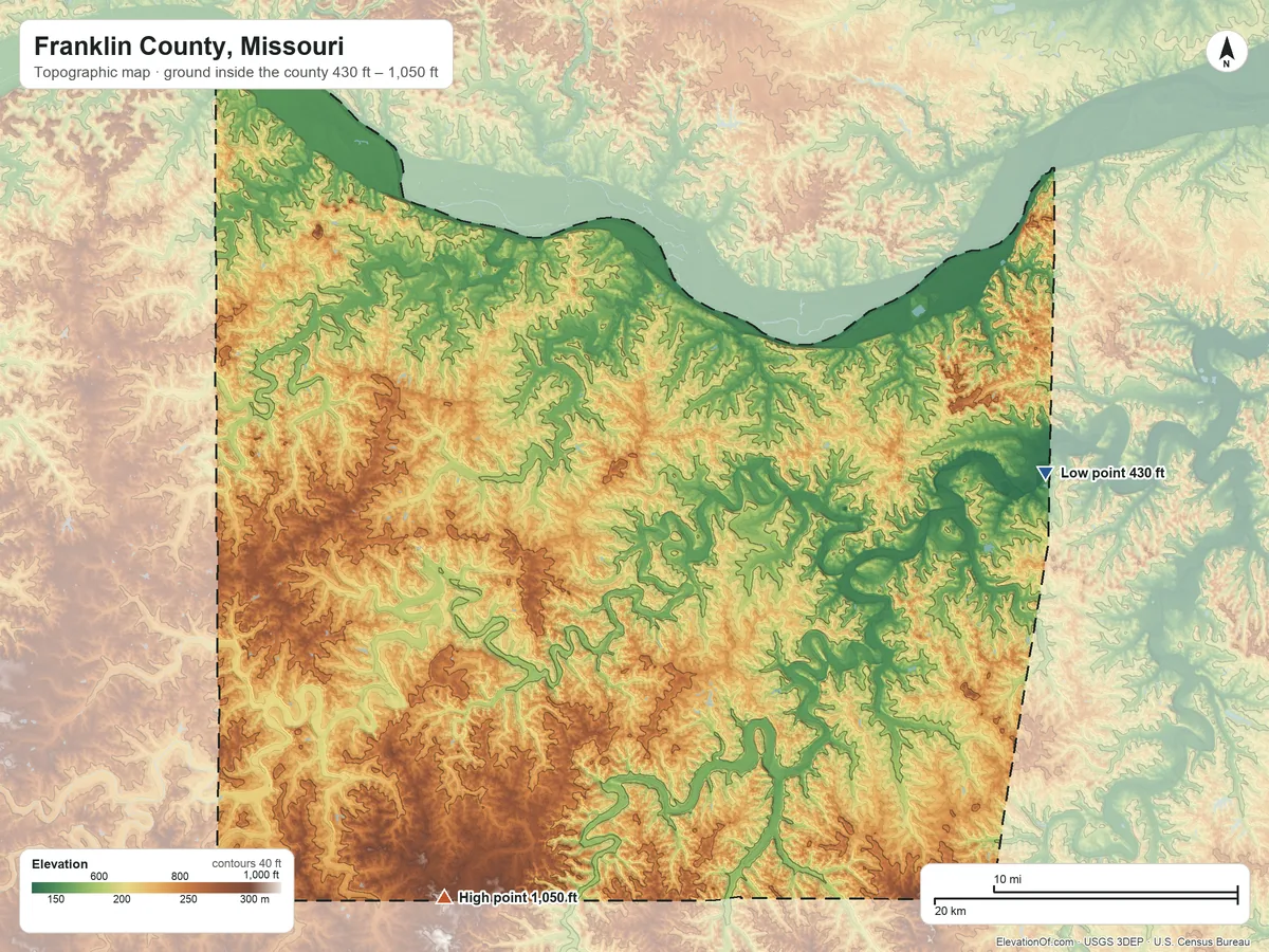 Topographic elevation map of Franklin County, Missouri, shaded from 430 ft on the east side to 1,050 ft on the southwest side