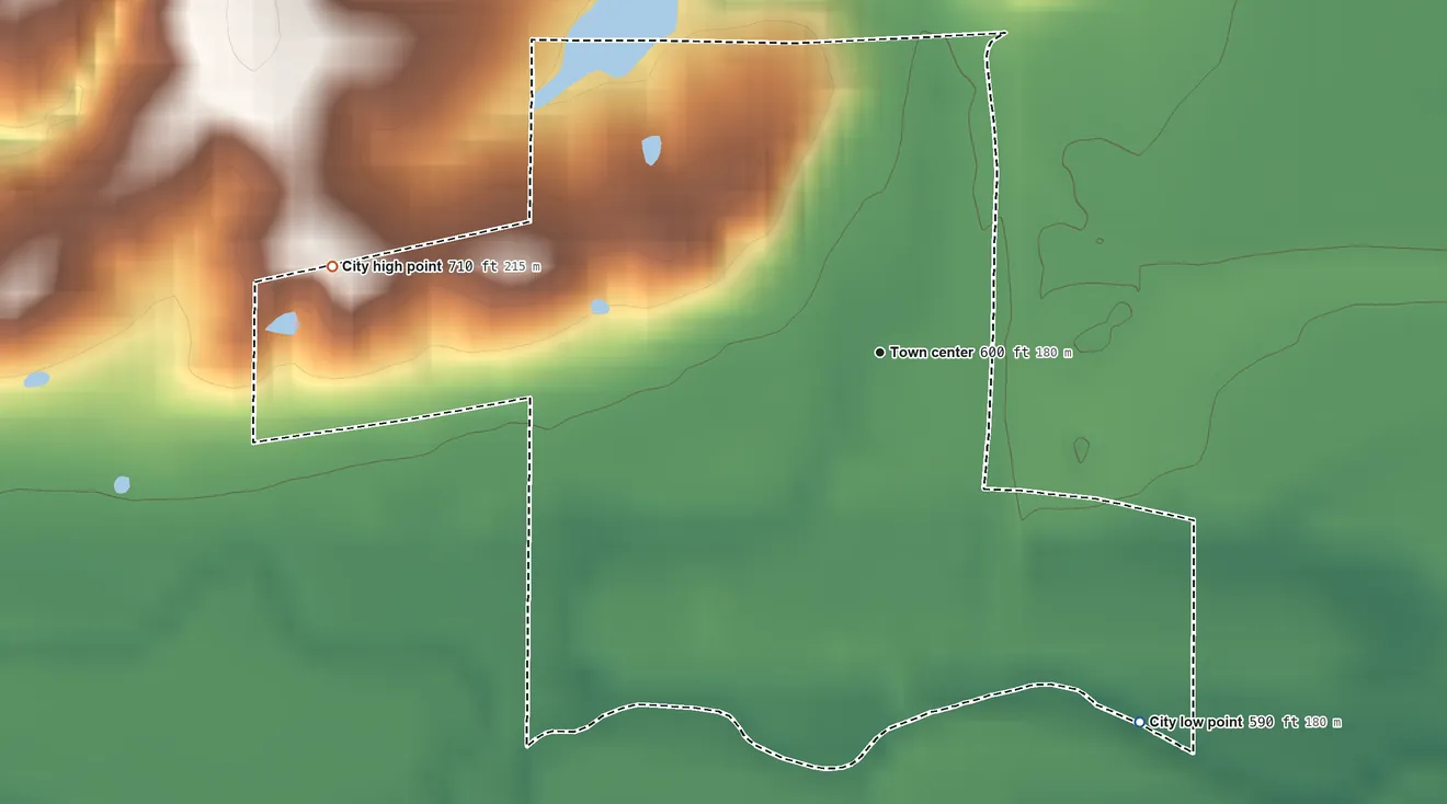 Topographic elevation map of Franklin, Missouri, shaded from 590 ft on the southeast side to 710 ft on the west side
