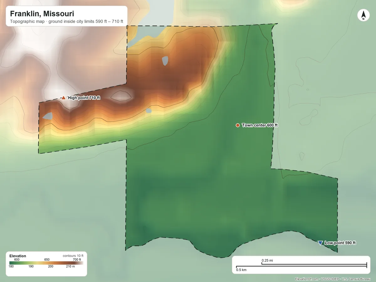 Topographic elevation map of Franklin, Missouri, shaded from 590 ft on the southeast side to 710 ft on the west side