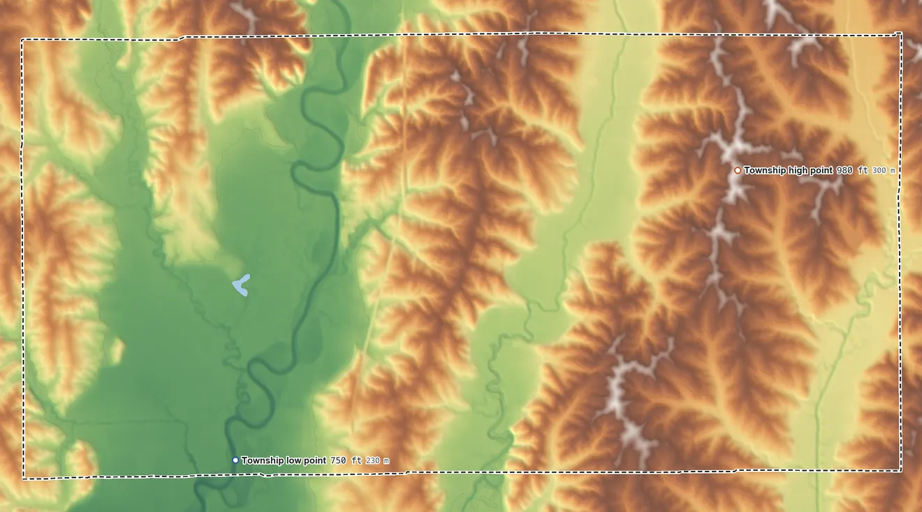 Topographic elevation map of Franklin Township, Missouri, shaded from 750 ft on the southwest side to 980 ft on the east side