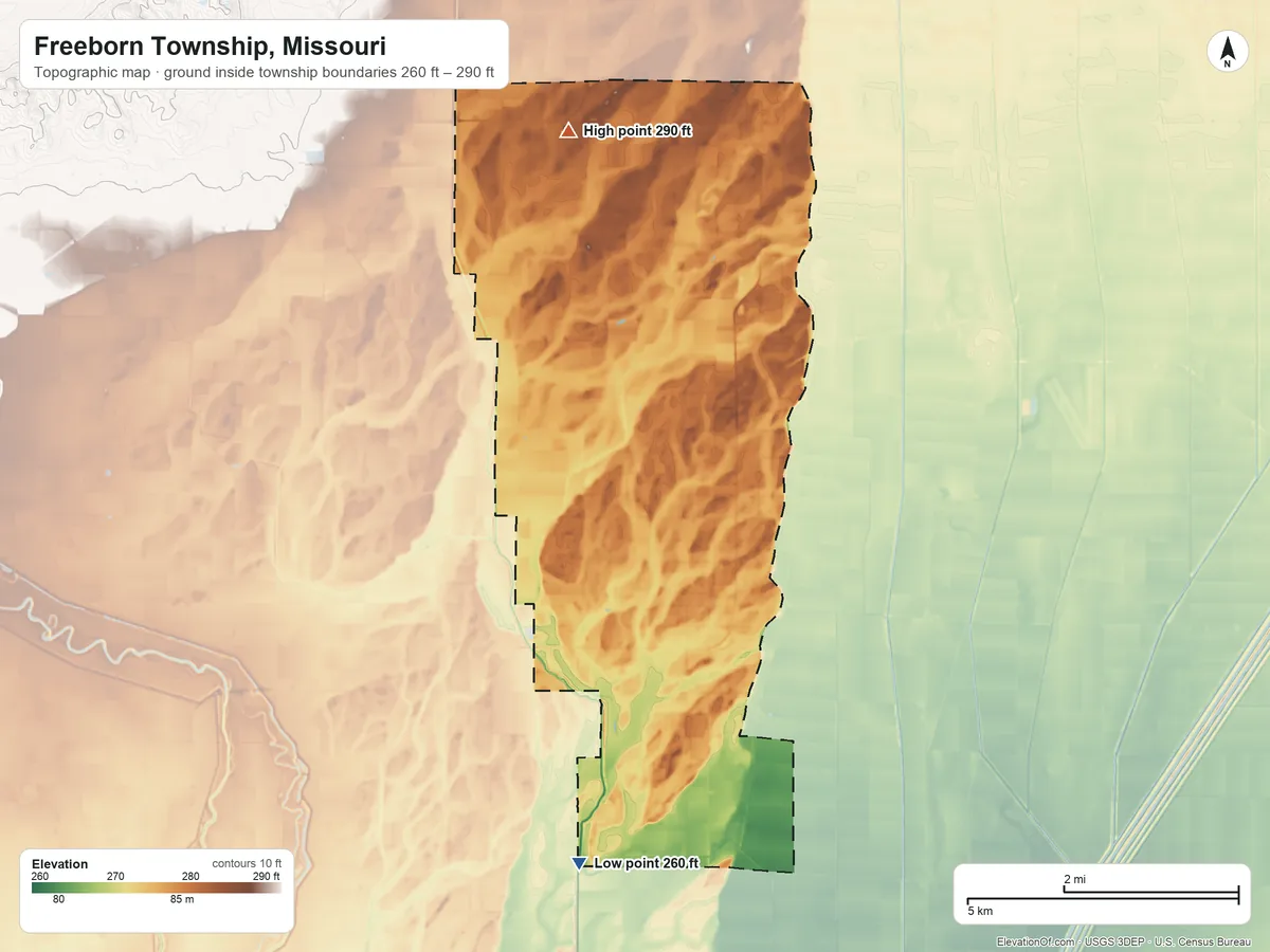 Topographic elevation map of Freeborn Township, Missouri, shaded from 260 ft on the south side to 290 ft on the northwest side