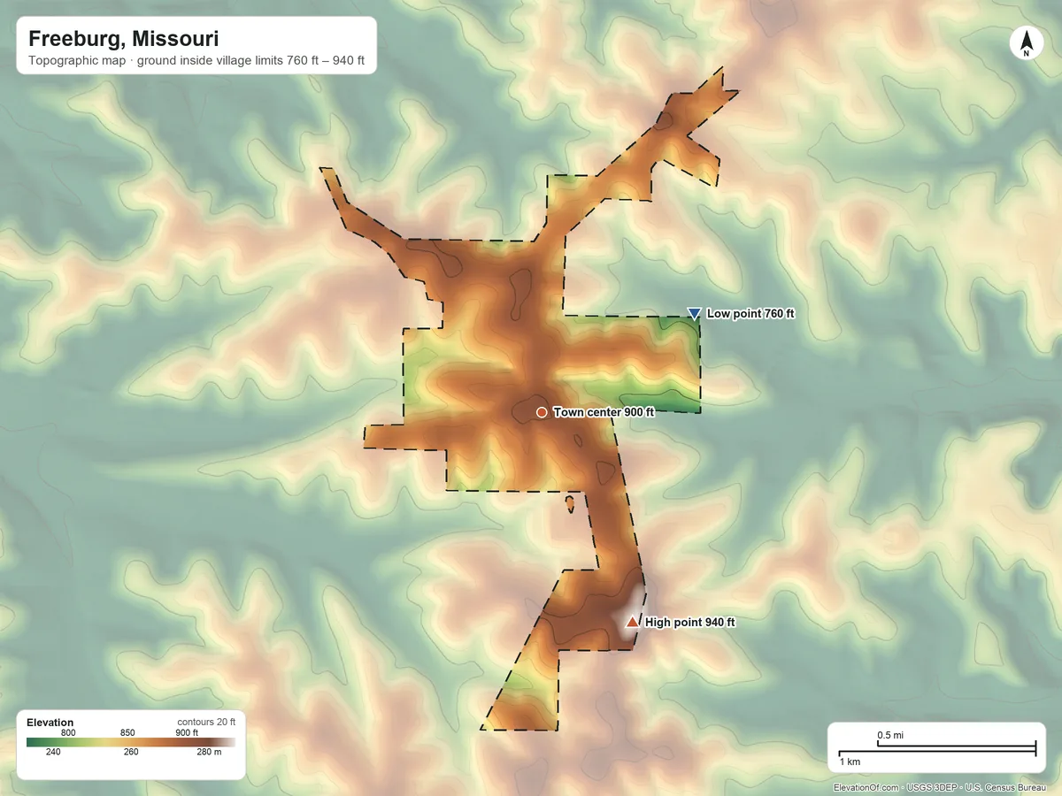 Topographic elevation map of Freeburg, Missouri, shaded from 760 ft on the northeast side to 940 ft on the southeast side