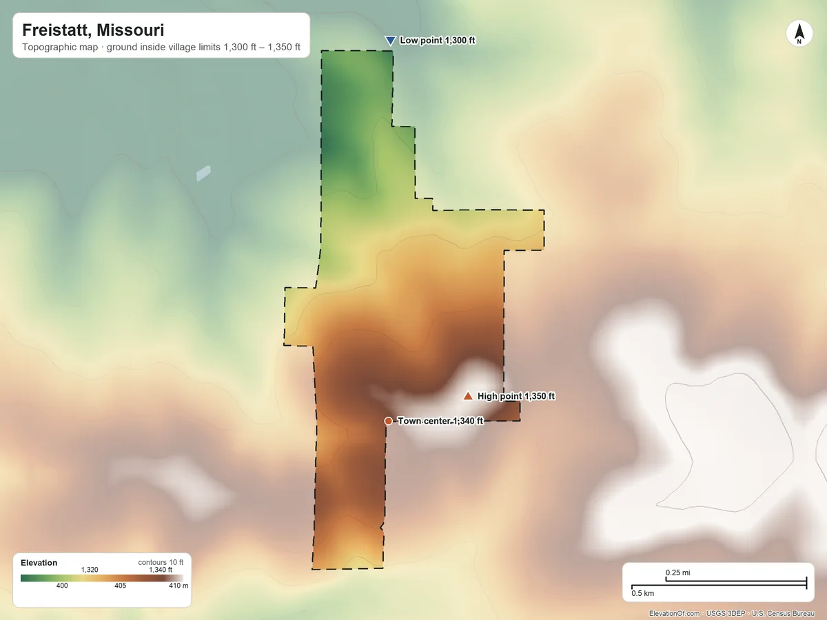 Topographic elevation map of Freistatt, Missouri, shaded from 1,300 ft on the north side to 1,350 ft on the east side