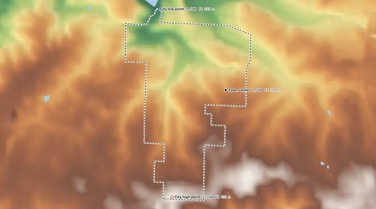 Topographic elevation map of Fremont Hills, Missouri, shaded from 1,200 ft on the northwest side to 1,340 ft on the southwest side