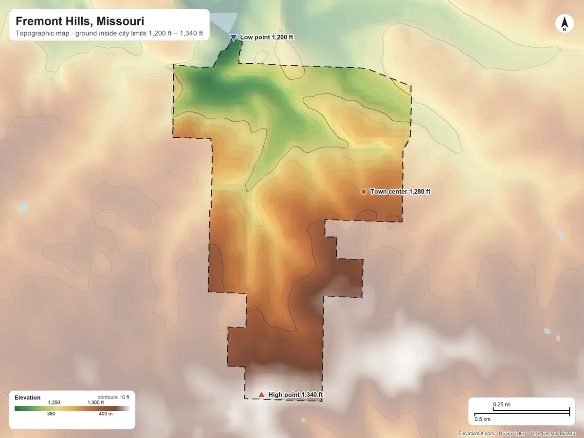 Topographic elevation map of Fremont Hills, Missouri, shaded from 1,200 ft on the northwest side to 1,340 ft on the southwest side