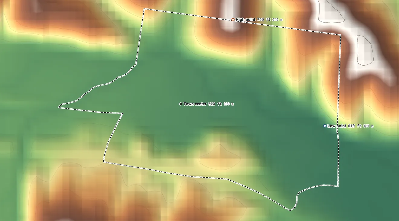 Topographic elevation map of Fremont, Missouri, shaded from 610 ft on the east side to 790 ft on the northeast side