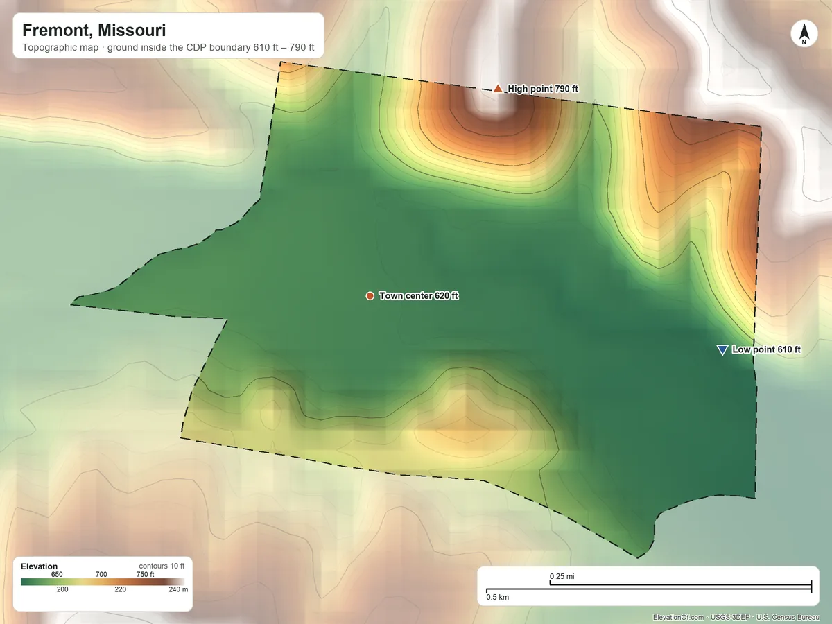 Topographic elevation map of Fremont, Missouri, shaded from 610 ft on the east side to 790 ft on the northeast side