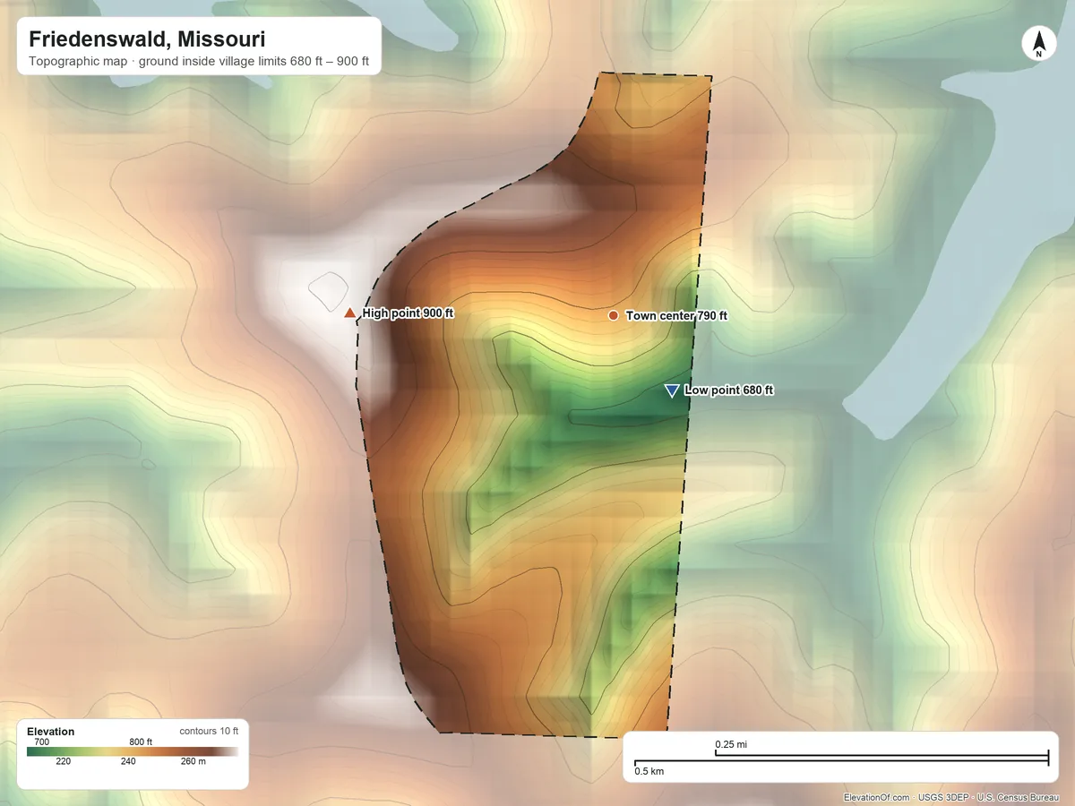 Topographic elevation map of Friedenswald, Missouri, shaded from 680 ft on the southeast side to 900 ft on the west side