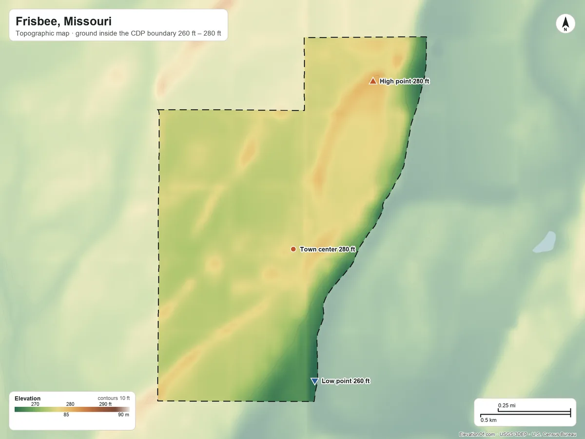 Topographic elevation map of Frisbee, Missouri, shaded from 260 ft on the south side to 280 ft on the northeast side