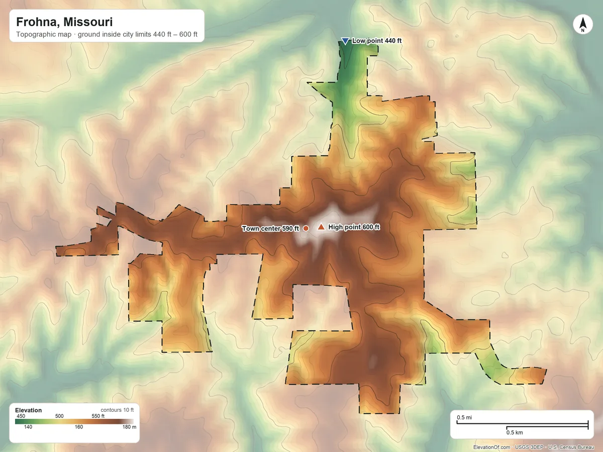 Topographic elevation map of Frohna, Missouri, shaded from 440 ft on the north side to 600 ft near the middle