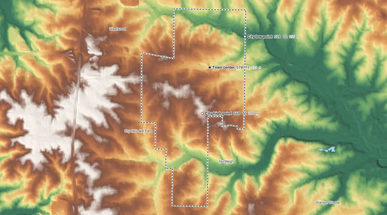 Topographic elevation map of Frontenac, Missouri, shaded from 510 ft on the northeast side to 660 ft on the south side