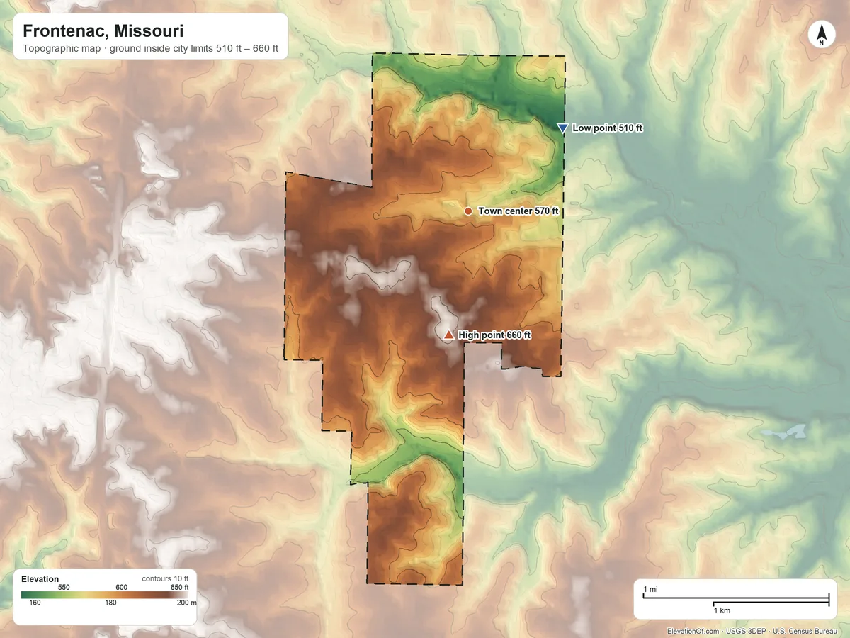 Topographic elevation map of Frontenac, Missouri, shaded from 510 ft on the northeast side to 660 ft on the south side