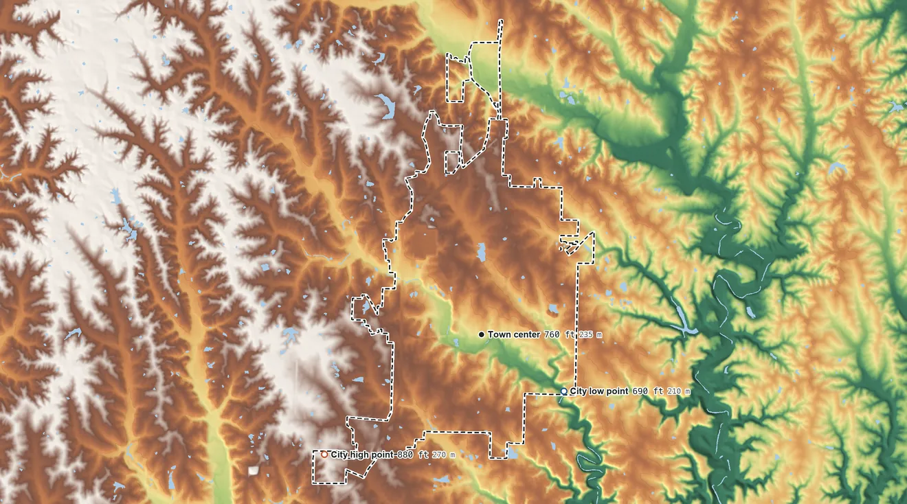 Topographic elevation map of Fulton, Missouri, shaded from 690 ft on the southeast side to 880 ft on the southwest side