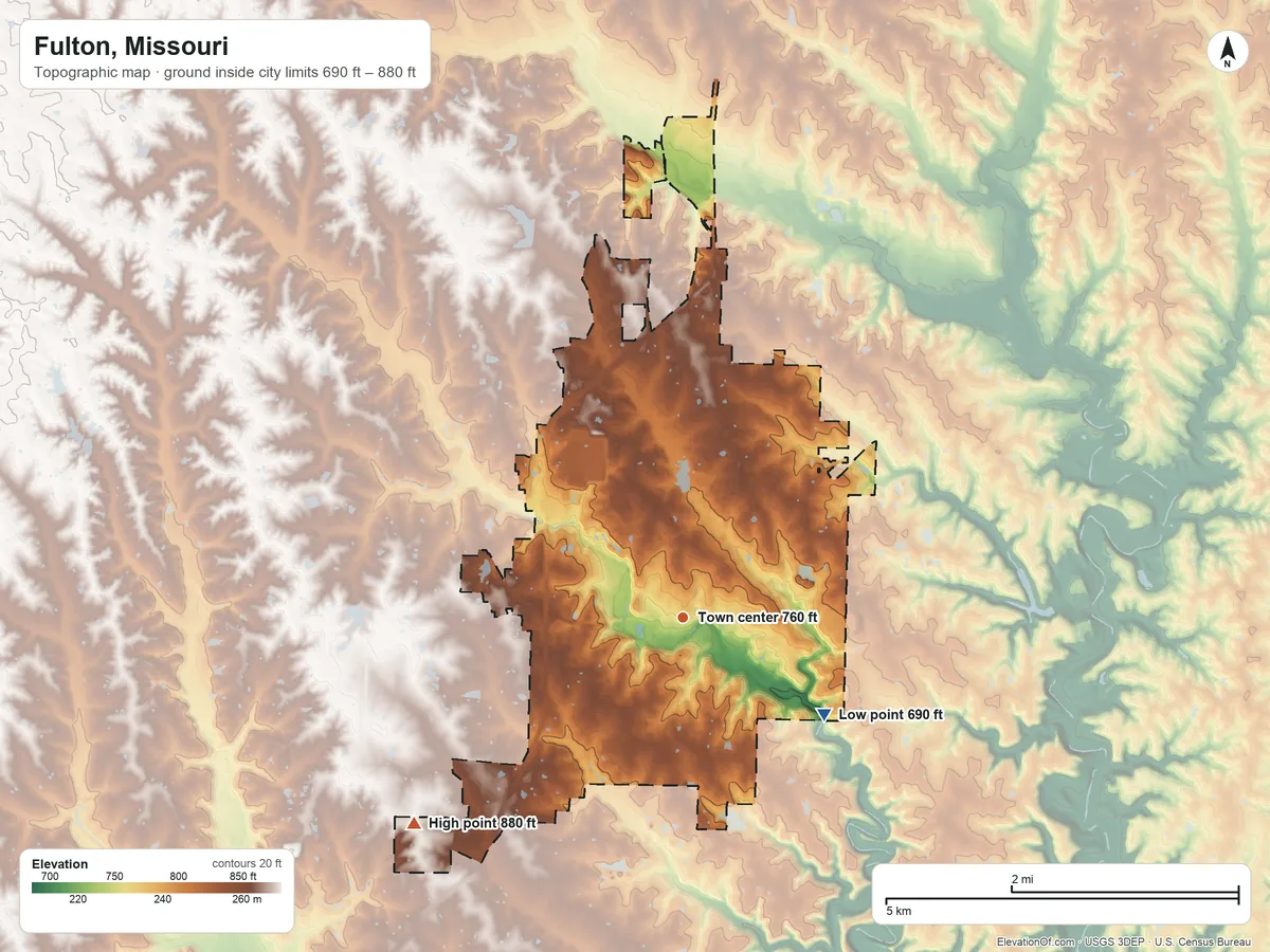 Topographic elevation map of Fulton, Missouri, shaded from 690 ft on the southeast side to 880 ft on the southwest side
