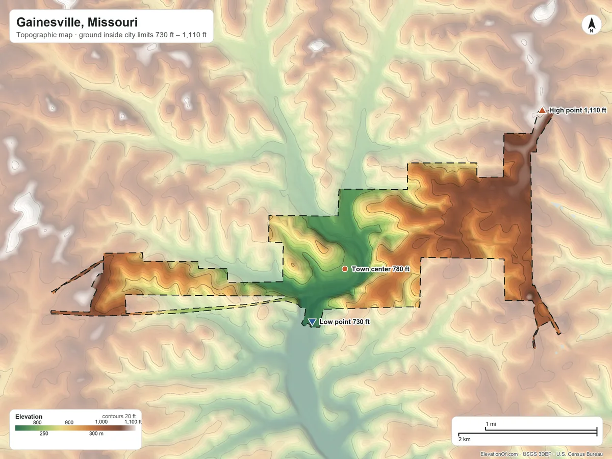 Topographic elevation map of Gainesville, Missouri, shaded from 730 ft on the southwest side to 1,110 ft on the northeast side