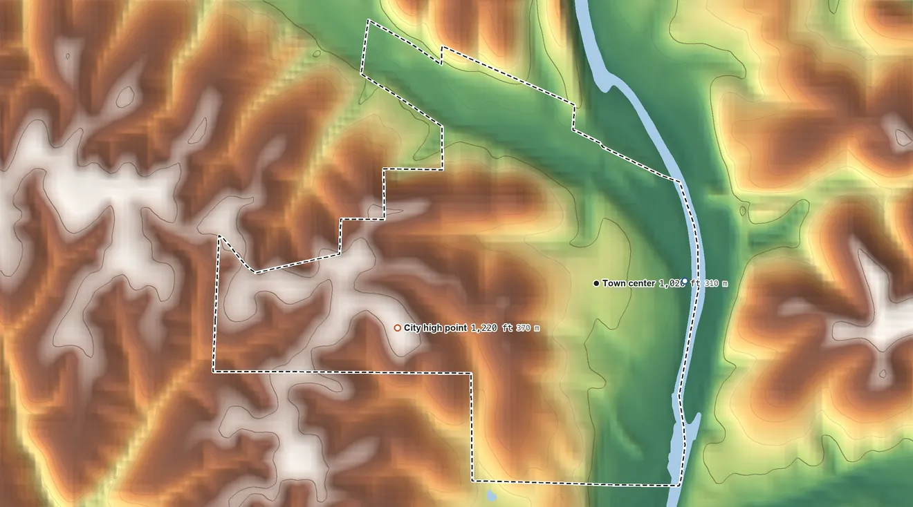 Topographic elevation map of Galena, Missouri, shaded from 930 ft on the east side to 1,220 ft on the west side
