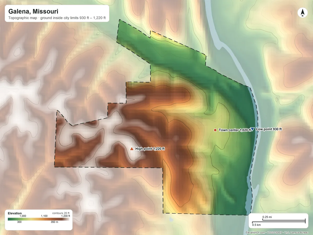 Topographic elevation map of Galena, Missouri, shaded from 930 ft on the east side to 1,220 ft on the west side