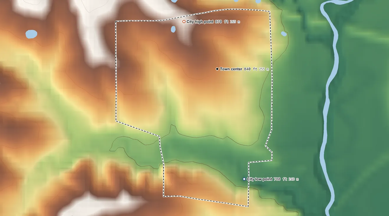 Topographic elevation map of Galt, Missouri, shaded from 780 ft on the south side to 870 ft on the northwest side