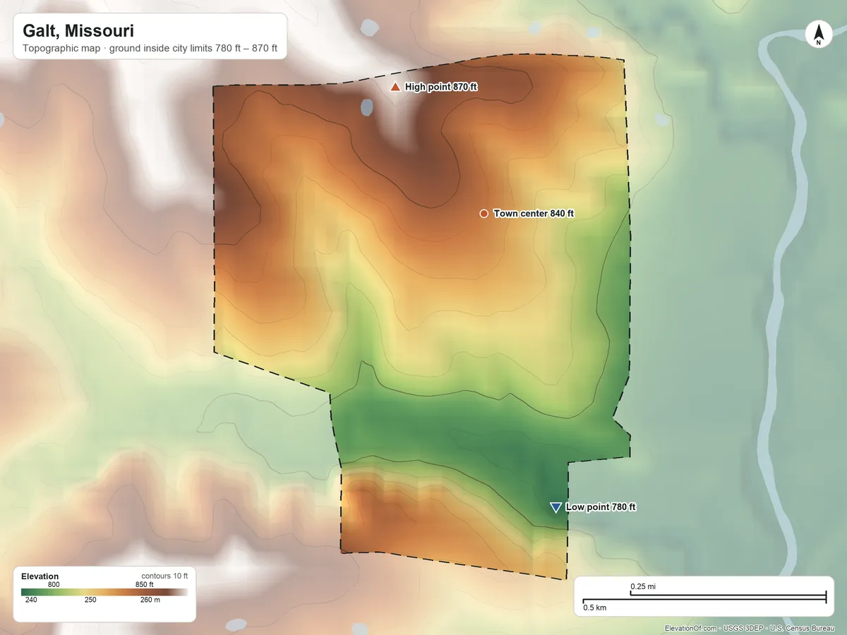 Topographic elevation map of Galt, Missouri, shaded from 780 ft on the south side to 870 ft on the northwest side