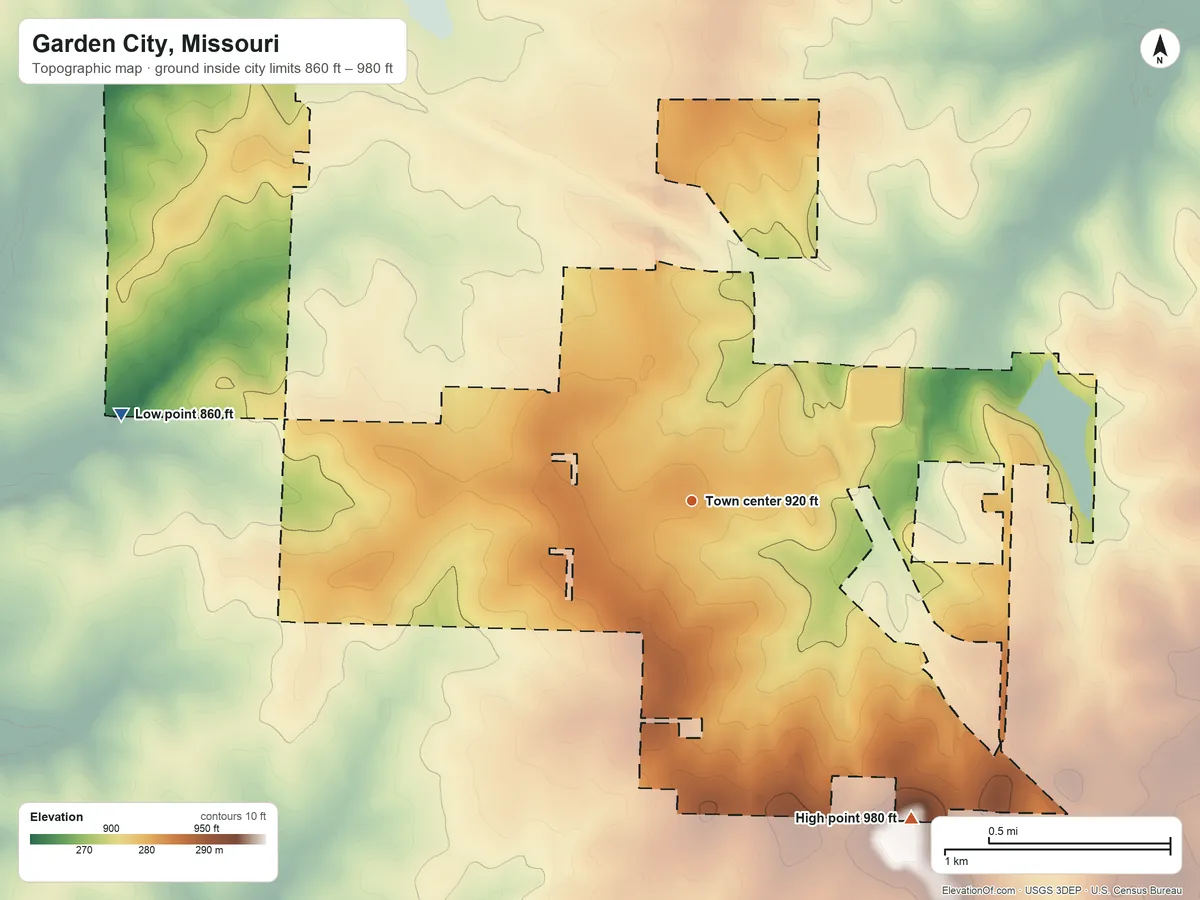 Topographic elevation map of Garden City, Missouri, shaded from 860 ft on the west side to 980 ft on the southeast side