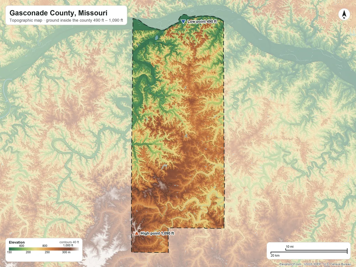 Topographic elevation map of Gasconade County, Missouri, shaded from 490 ft on the north side to 1,090 ft on the southwest side