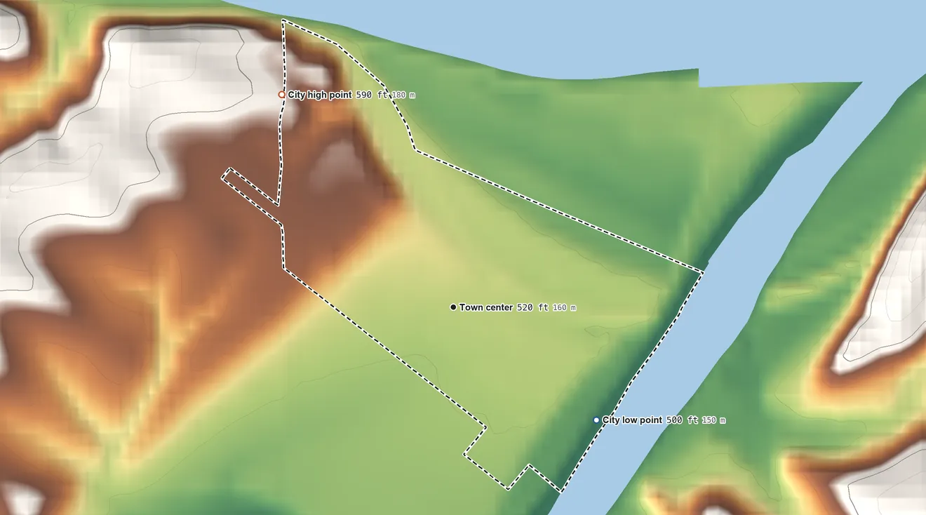 Topographic elevation map of Gasconade, Missouri, shaded from 500 ft on the southeast side to 590 ft on the northwest edge, below higher ground just outside