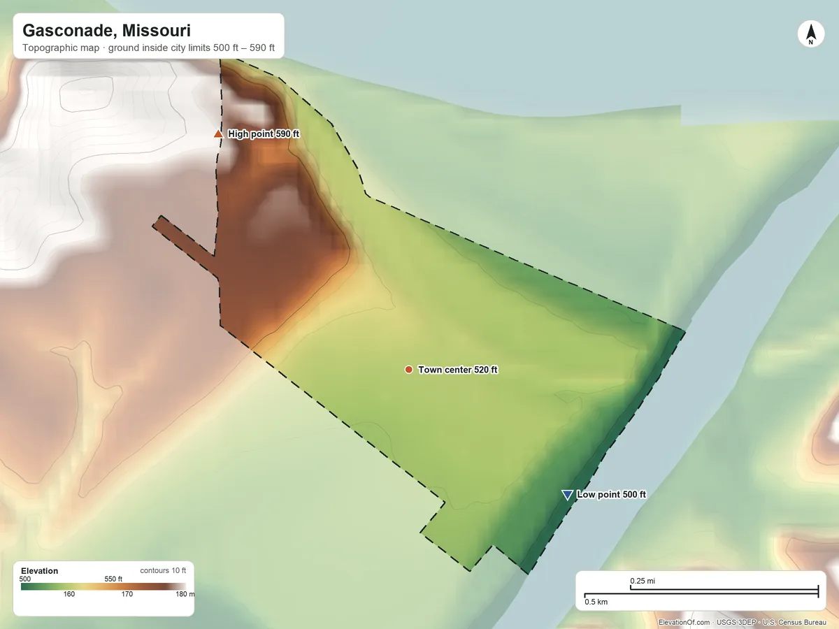 Topographic elevation map of Gasconade, Missouri, shaded from 500 ft on the southeast side to 590 ft on the northwest edge, below higher ground just outside