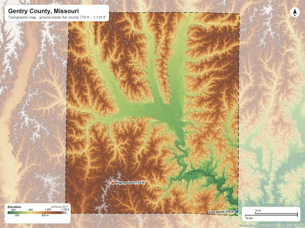 Topographic elevation map of Gentry County, Missouri, shaded from 770 ft on the southeast side to 1,110 ft on the southwest side