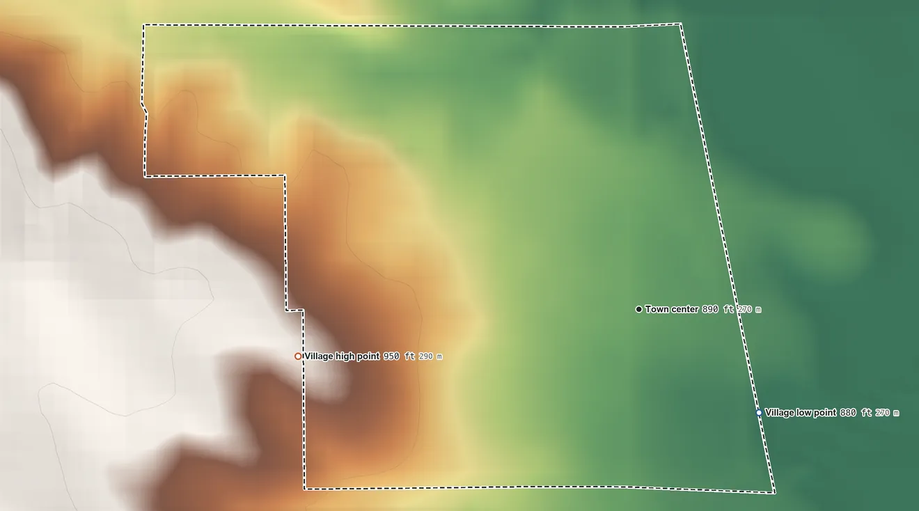 Topographic elevation map of Gentry, Missouri, shaded from 880 ft on the southeast side to 950 ft on the west side