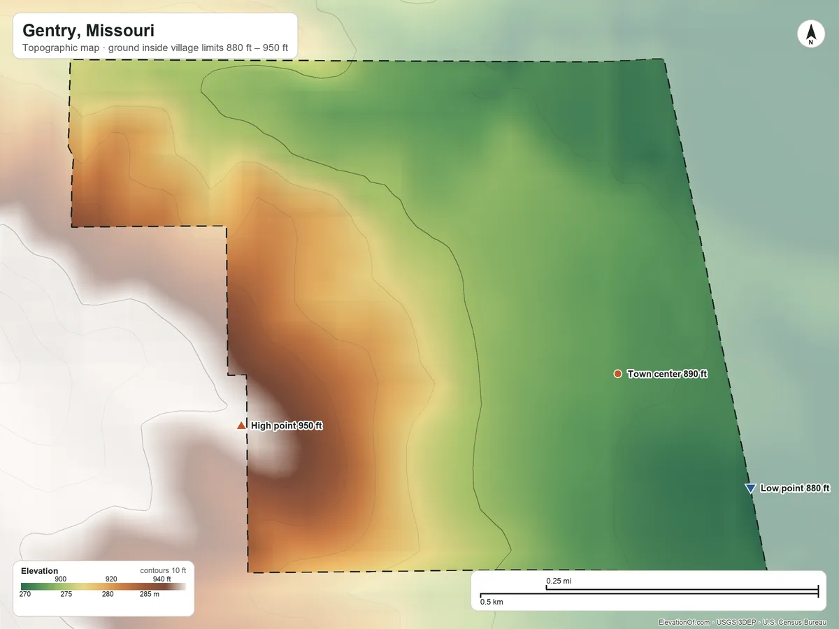 Topographic elevation map of Gentry, Missouri, shaded from 880 ft on the southeast side to 950 ft on the west side