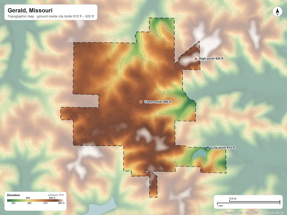 Topographic elevation map of Gerald, Missouri, shaded from 810 ft on the southeast side to 920 ft on the northeast side