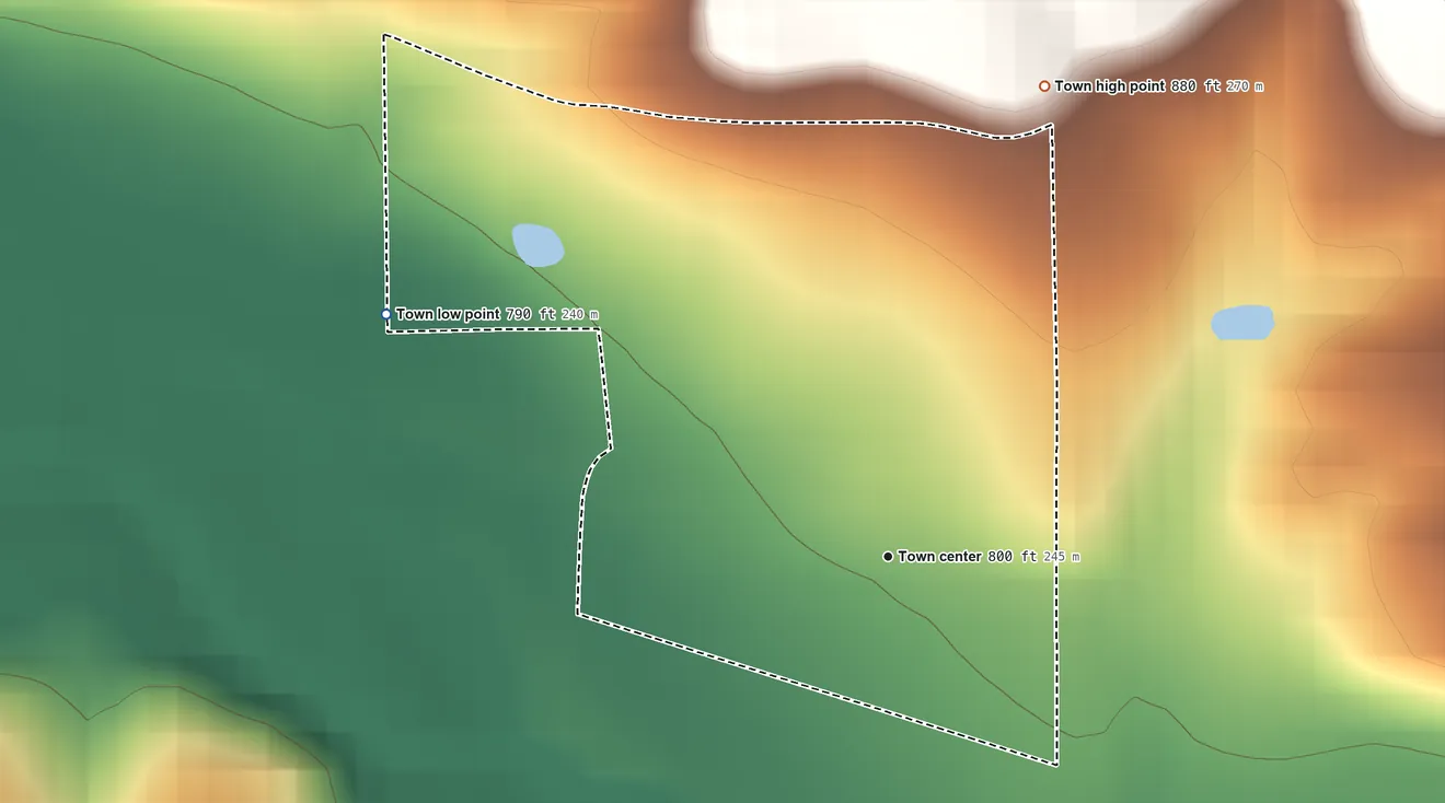 Topographic elevation map of Gerster, Missouri, shaded from 790 ft on the northwest side to 880 ft on the north side