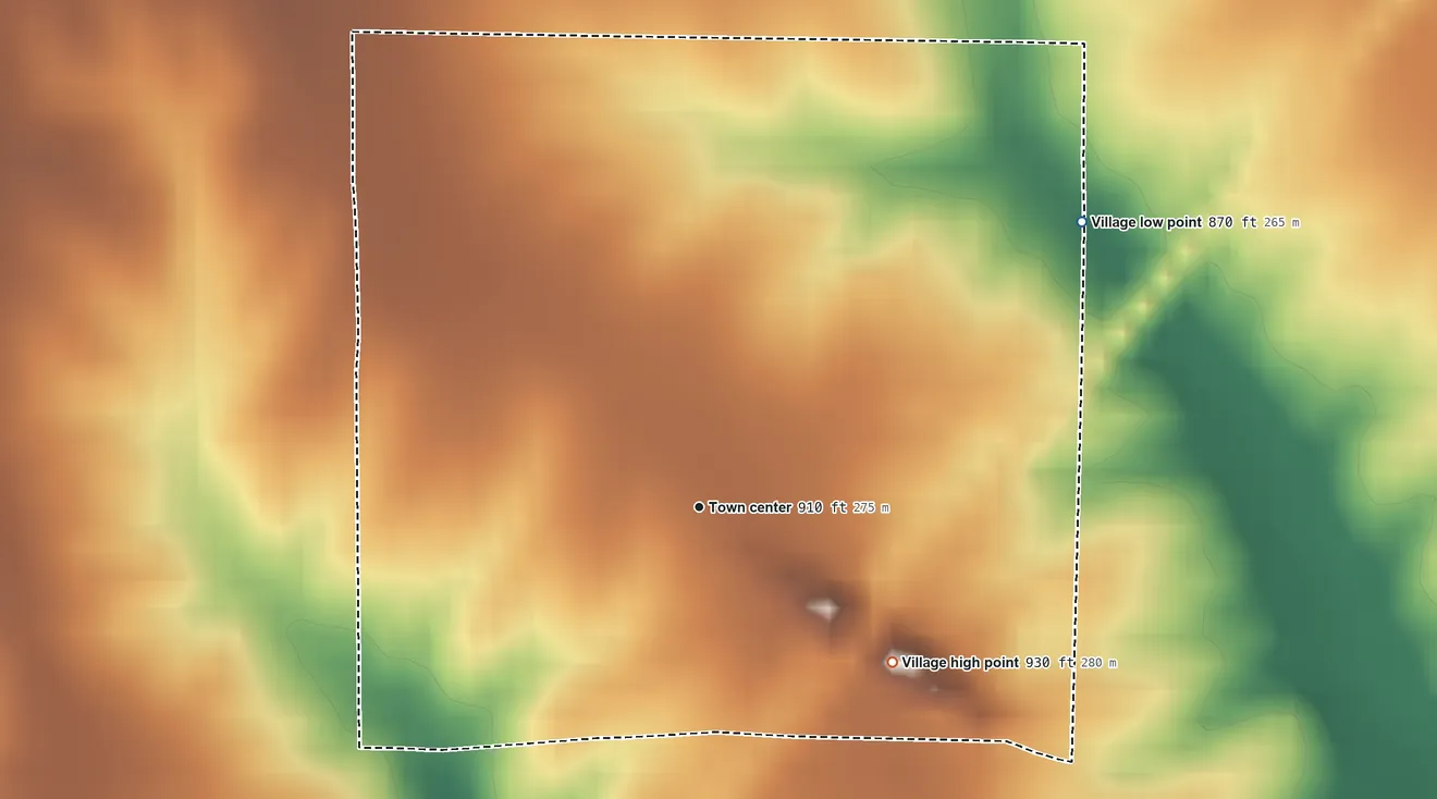Topographic elevation map of Gibbs, Missouri, shaded from 870 ft on the northeast side to 930 ft on the southeast side