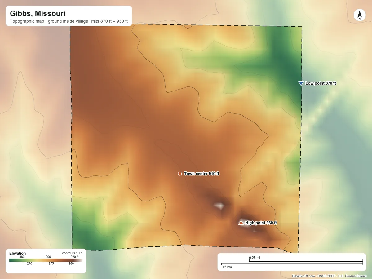 Topographic elevation map of Gibbs, Missouri, shaded from 870 ft on the northeast side to 930 ft on the southeast side