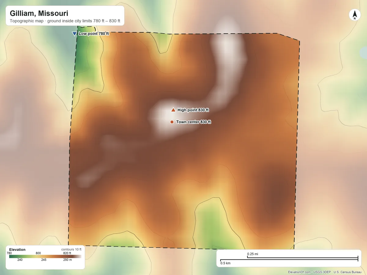 Topographic elevation map of Gilliam, Missouri, shaded from 780 ft on the northwest side to 830 ft near the middle
