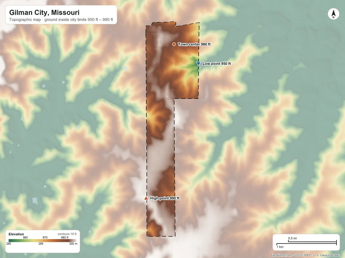 Topographic elevation map of Gilman City, Missouri, shaded from 950 ft on the southeast side to 990 ft on the south side